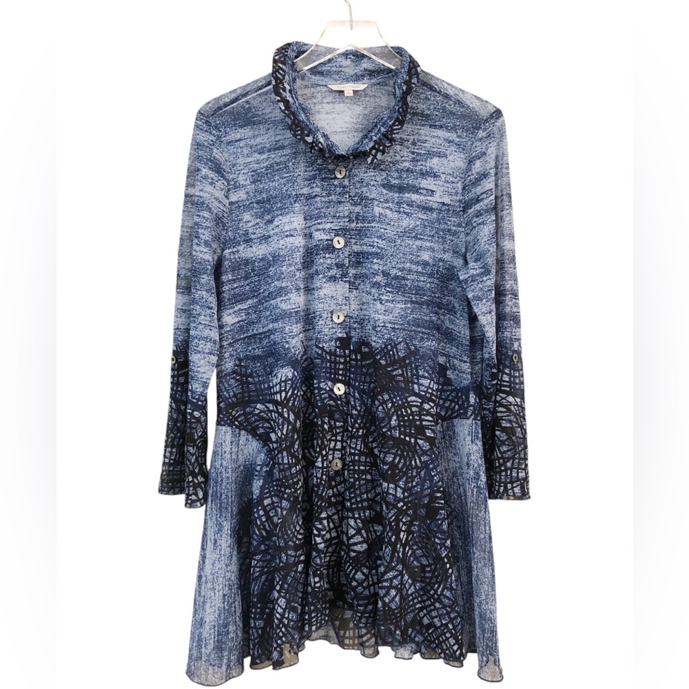 John Mark | Mesh Roll Tab Long Sleeve Blue Tunic Top Cardigan Large Coastal - Picture 2 of 15